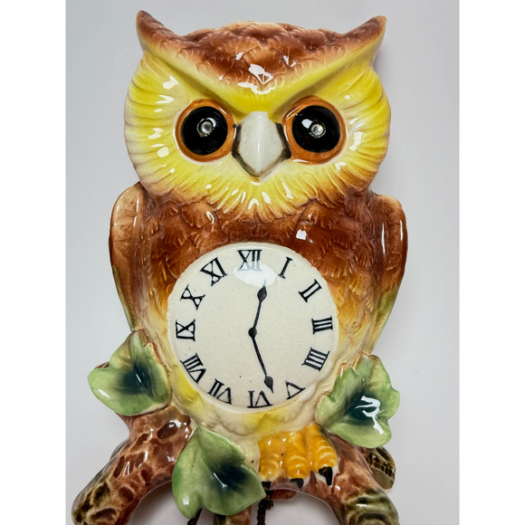 Vintage Napco Japan Owl Clock Wall Pocket Rhinestone Eyes 1950's Kitsch Fall MCM - Picture 1 of 7